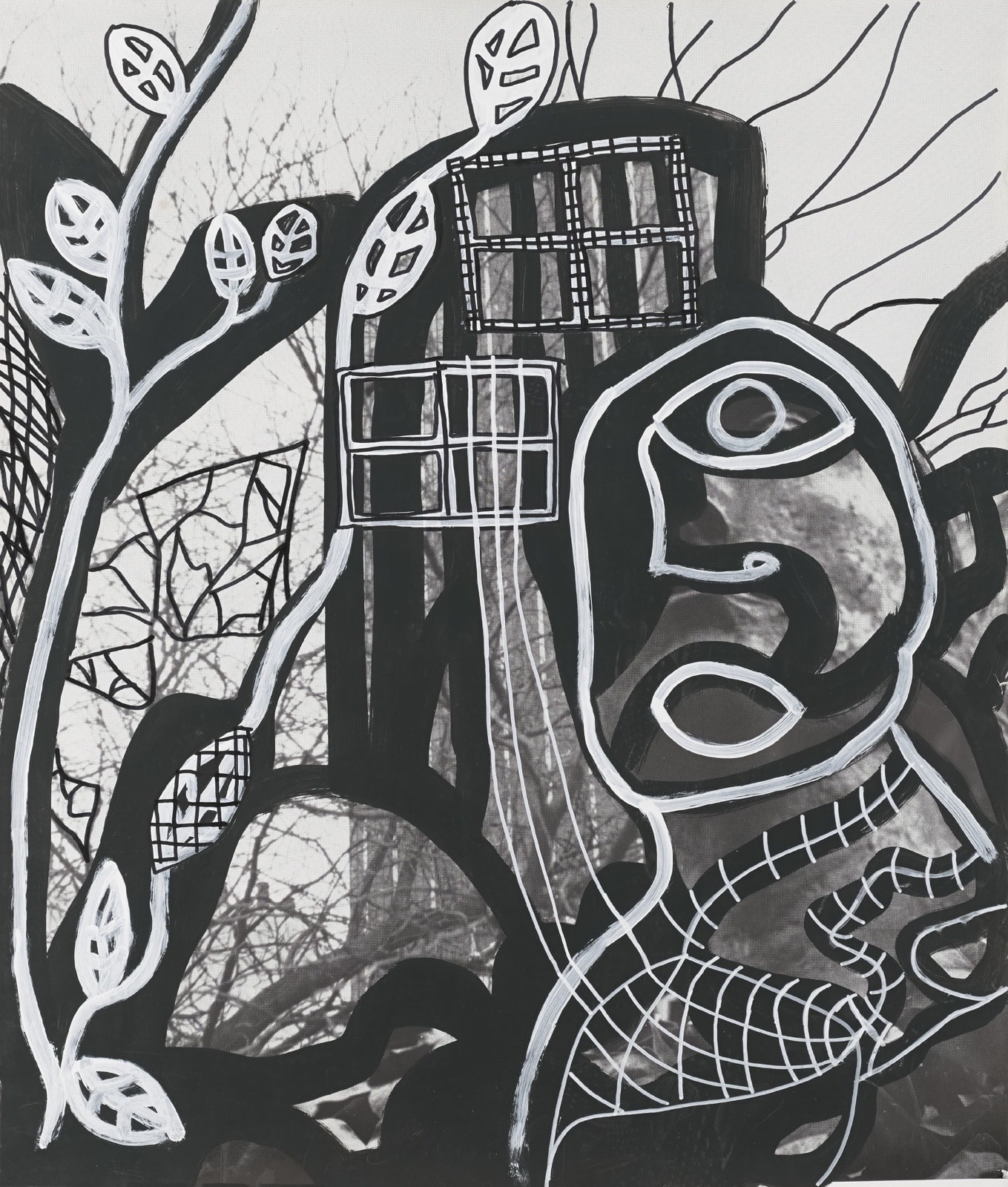 Dibujo, Rotuladores sobre fondo negro : Vista de ciudad con busto de hombre